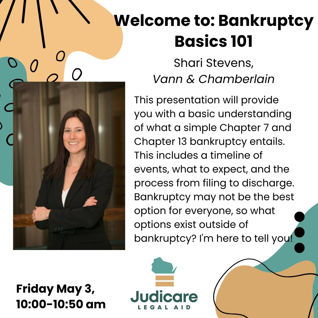 Join us for a guide to Chapter 7 and Chapter 13 Bankruptcy! Learn about the process, timeline, and what to expect from filing to discharge. Discover alternatives to bankruptcy as well. Join us Friday, May 3 at 10:00 am during our Spring CLE! Register here: us02web.zoom.us/webinar/regist…
