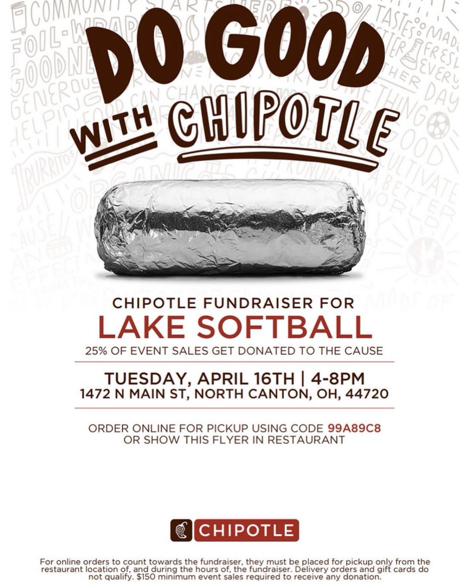 looking for an easy and delicious meal?? look no further!! come support the Lake Softball team tonight and get some Chipotle in North Canton!