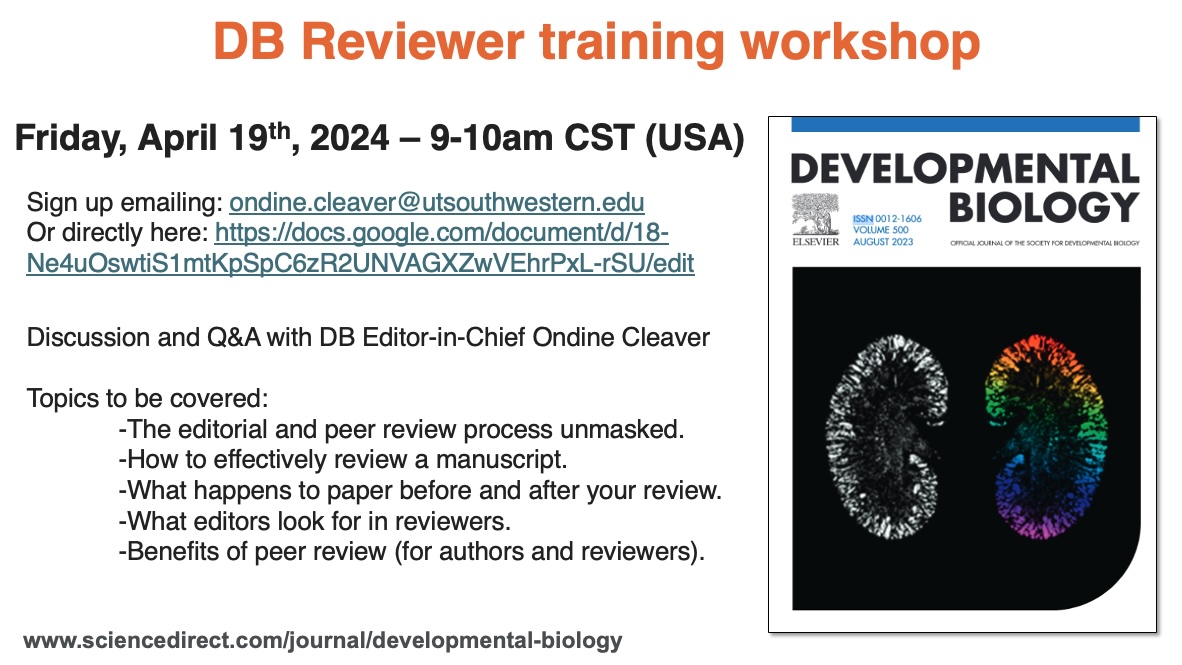 Interested in reviewing for DB? 😀 Join us Friday for a zoom discussion and Q&A! First 20 registrants! Email Editor-in-Chief Ondine Cleaver, at: ondine.cleaver@utsouthwestern.edu or register here: docs.google.com/document/d/18-…