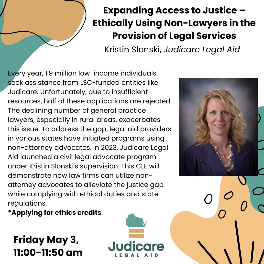 Learn how non-attorney advocates are making a difference for low-income individuals and how your law firm can get involved. Join us Friday, May 3 at 11:00 am during our Spring CLE! Register here: us02web.zoom.us/webinar/regist… #CLE