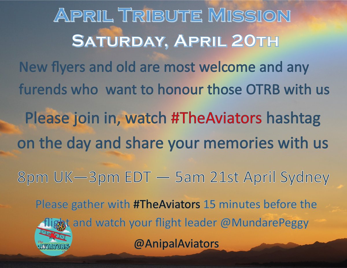 AnipalAviators's tweet image. Calling all #theaviators! Please report for tribute flight duty Saturday April 20 at times posted. All are welcome, rides provided