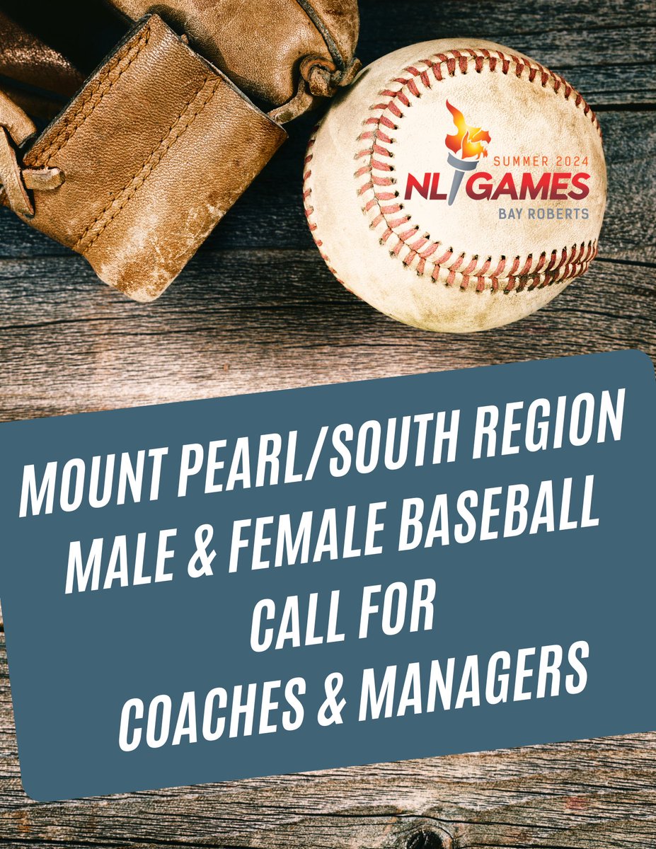 Calling all baseball coaches/managers in Mt Pearl/Paradise! Interested in leading the Mount Pearl/South 15U Male & Female baseball teams for the NL Summer games in Aug? Application closes April 30th! Follow link for details. @townofparadise forms.gle/cbAMLsTuz1p7cU…