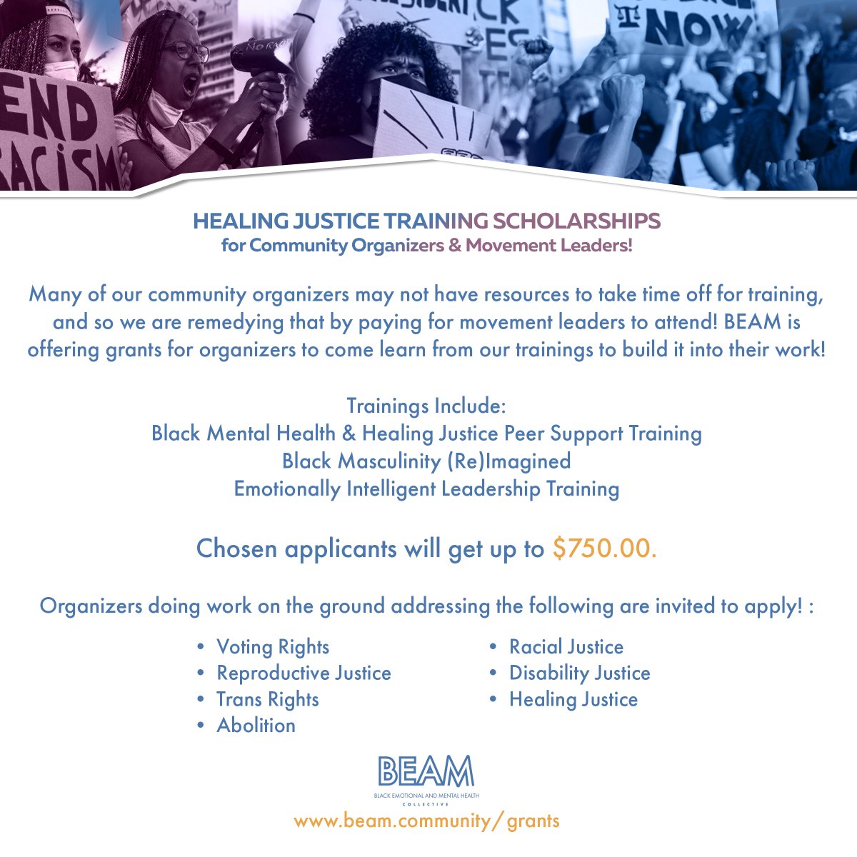 BEAM is offering grants for organizers to be compensated for attending BEAM trainings💪🏾 Apply by MAY 6TH for up to $750 towards our Black Mental Health & Healing Justice, Black Masculinity (Re)Imagined and Emotionally intelligent leadership trainings 📚 form.jotform.com/240994698759180