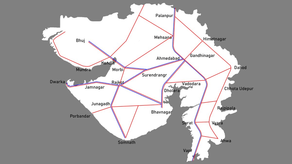 This is how I want to see Gujarat in the next 10 years. Red : Expressways Blue : High-Speed Rail Your suggestions ?