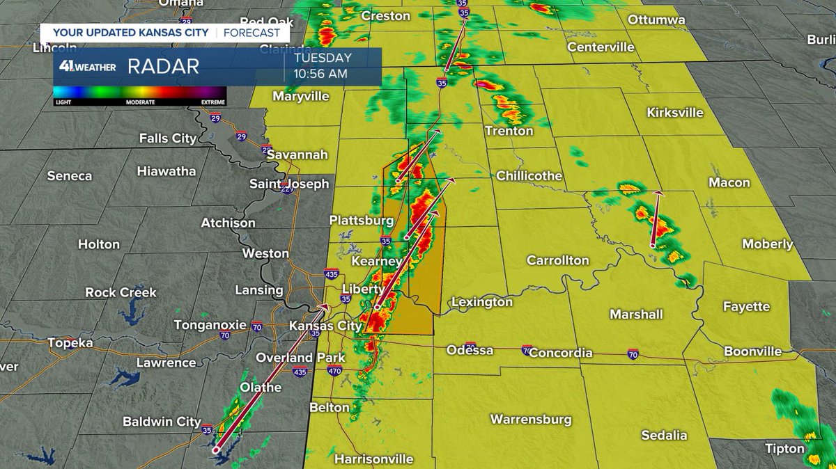 10:58am--A tornado watch is in effect until 6pm for western and central Missouri.

This line of damaging wind gusts continues to move east and may spin up a quick tornado.

There is the chance of more storms developing in the watch area later today.

#mowx #kcwx