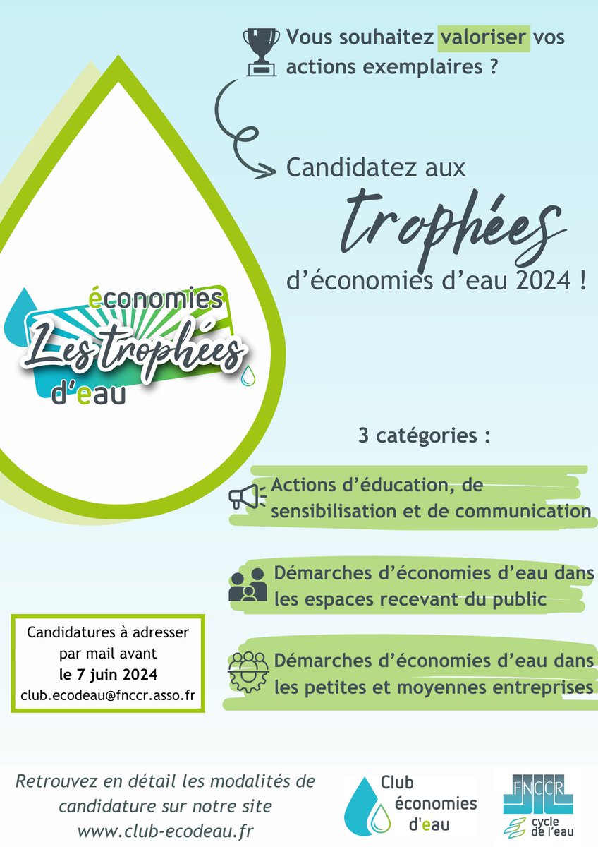 [Trophées d’économies d’eau]🏆💧

Le Club des bonnes pratiques des économies d’eau et de tarification #CBPEET lance la 4ème édition des trophées d'économies d'#eau ! 

➡️ CP lnkd.in/eZs-xGey

➡️ Inscription des candidatures jusqu'au 7 juin ! 👇

lnkd.in/e5nQwmBz