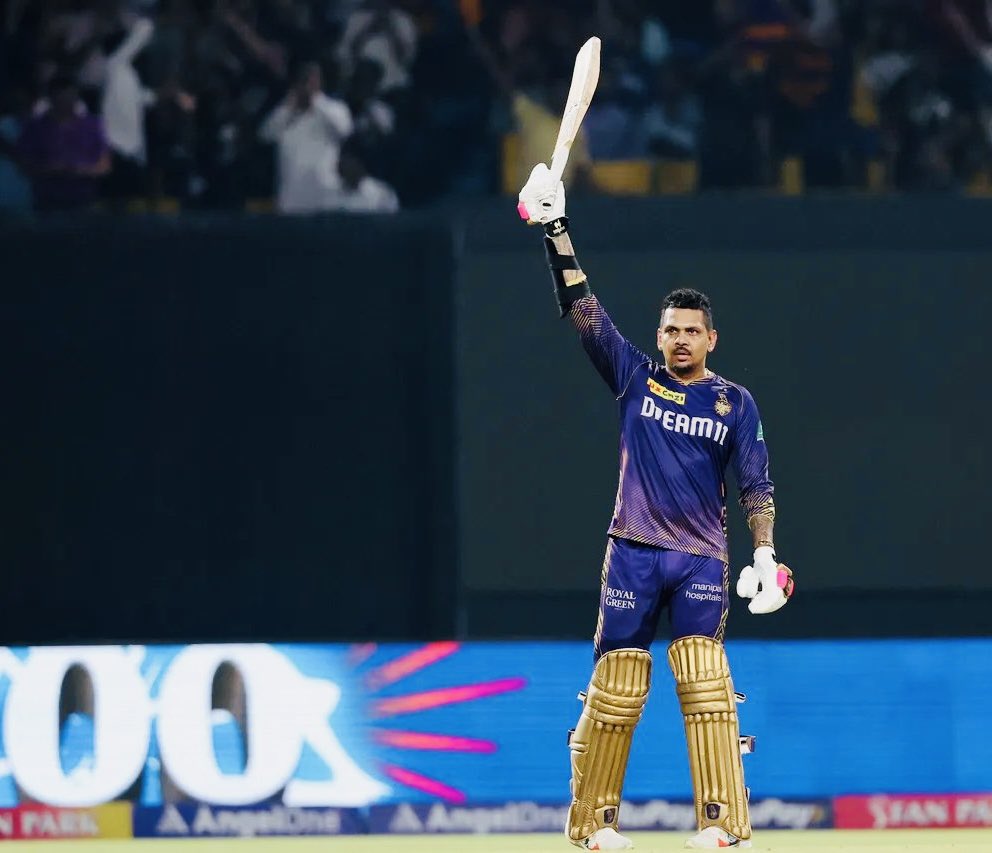 MAIDEN T20 CENTURY BY SUNIL NARINE...!!!! 💥 One of the finest ever knocks for KKR - the GOAT of KKR has delivered with the bat. What a knock! 👏 . #KKRvsRR #SunilNarine