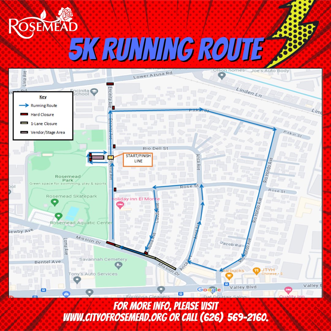 🦸‍♂️ Attention Residents! Get ready for the NEW Superhero 5k Fun Run/Walk Event on 4/27/24 from 6 AM to 12 PM! Encinita Ave and surrounding streets near Rosemead Park will be closed for this epic event! Click through for more info. #Superhero5kFunRun #RosemeadPark #CityofRosemead