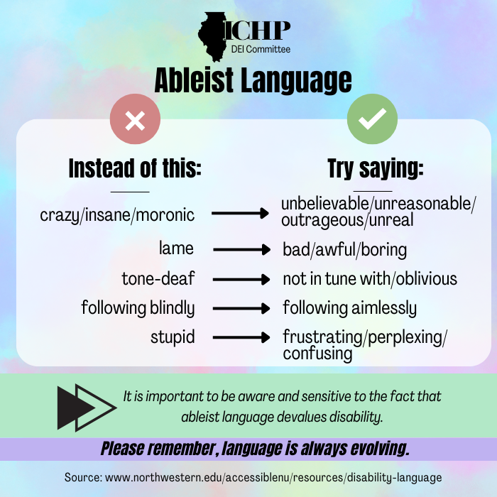 ichpnet's tweet photo. The #ICHP #DEI committee wants to share examples of more inclusive language that we can use in our everyday life.  Research shows that using inclusive language can show respect, demonstrate empathy, and improve belonging.
#InclusiveLanguage #Pharmacy #ILPharmacy #AbleistLanguage https://t.co/g6tGPlSwaQ