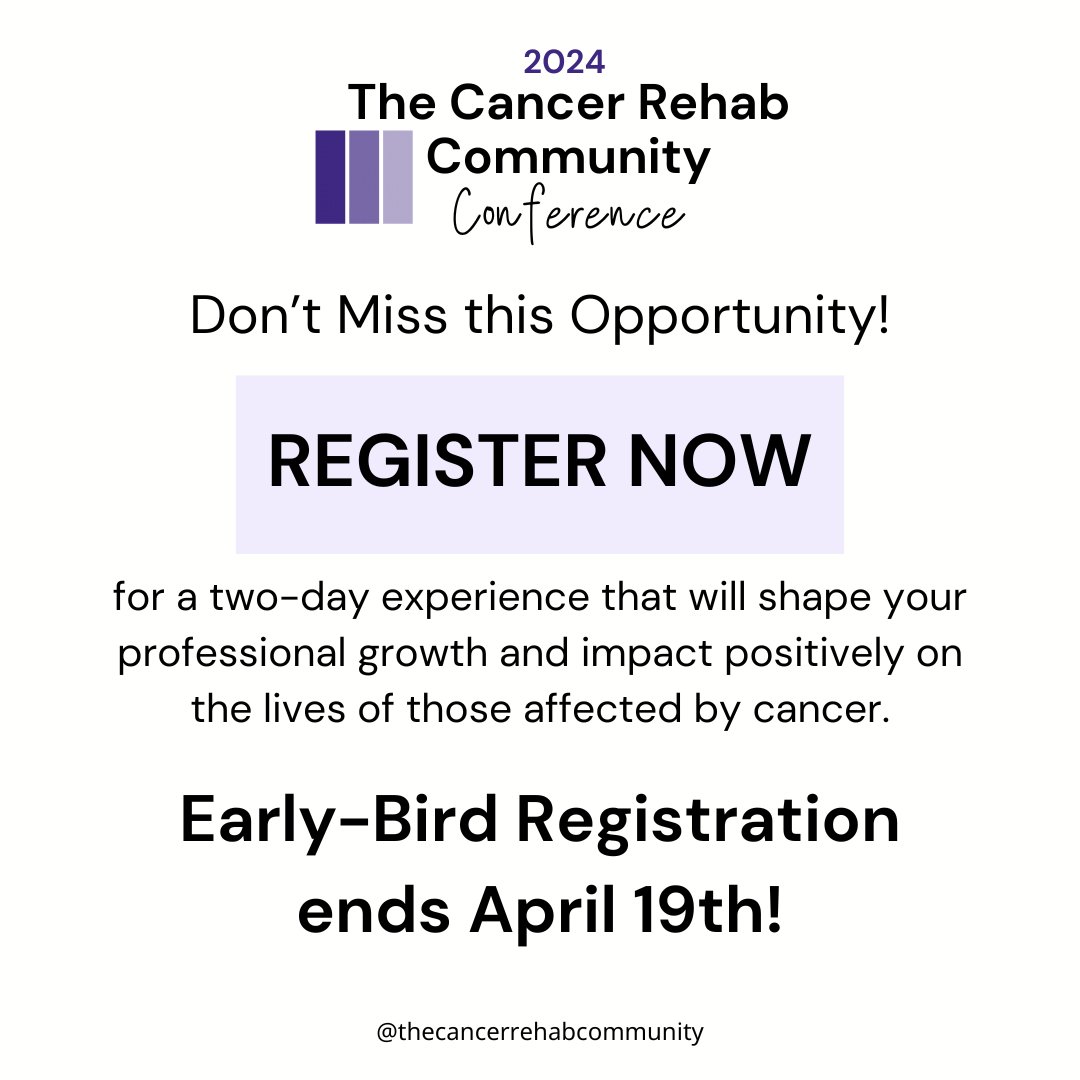 CancerRehabComm's tweet photo. LAST CALL to SAVE!

Early-Bird Registration is now LIVE, so sign up now before prices increase at the end of this week.

Join us on November 8-9, 2024 for The Cancer Rehab Community Conference.

Register: https://t.co/L1napI8qzv

#thecancerrehabcommunity #TCRCC2024 https://t.co/1PTt0K4RYs