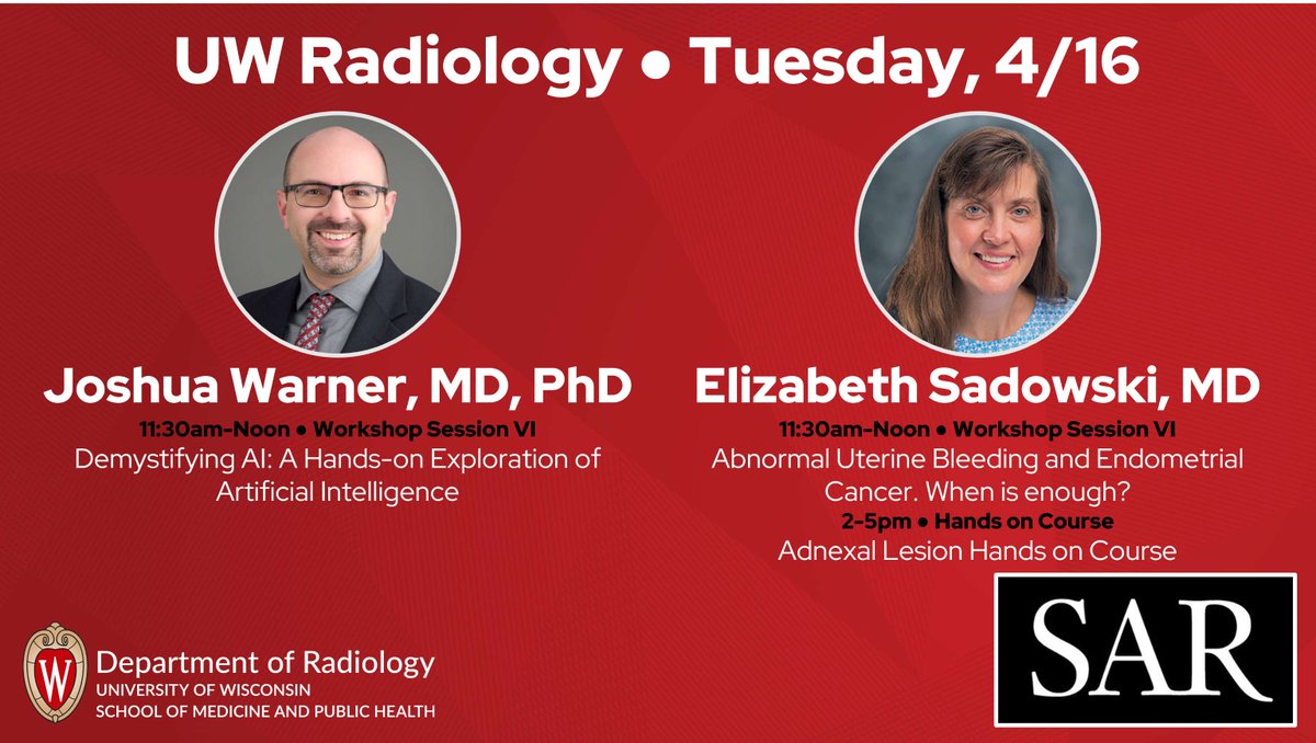 It's an A+ day at the @SocietyAbdRad meeting. Joshua Warner, MD, PhD demystifies AI, while Elizabeth Sadowski, MD provides guidance on abnormal uterine bleeding and adnexal lesions. #SAR24