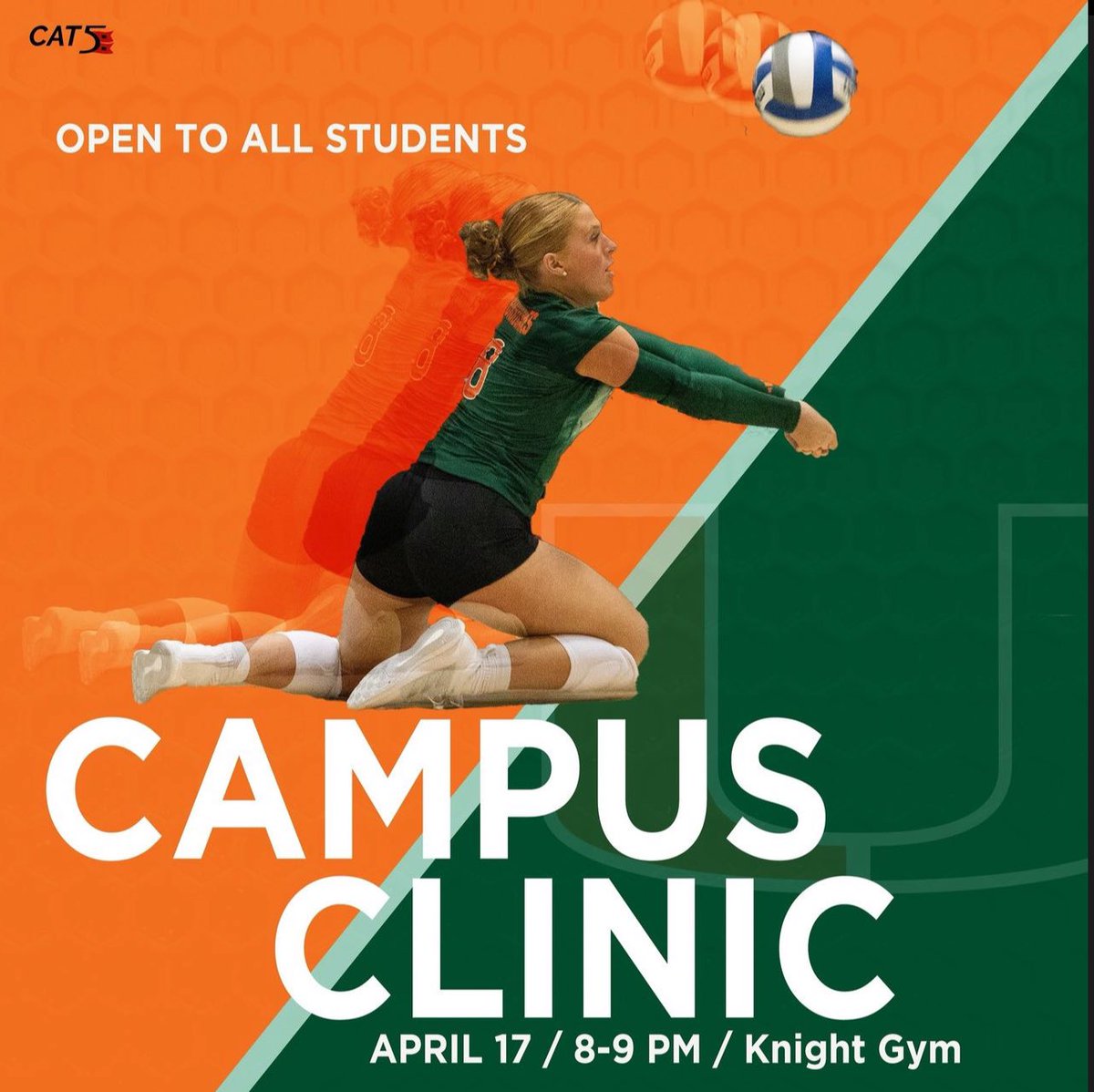 🚨Students🚨 Interested in playing some Volleyball with our @CanesVB Athletes? Pull up to the Knight Gym tomorrow from 8-9 for the Campus Clinic!! Learn how to play volleyball and get some reps in!!