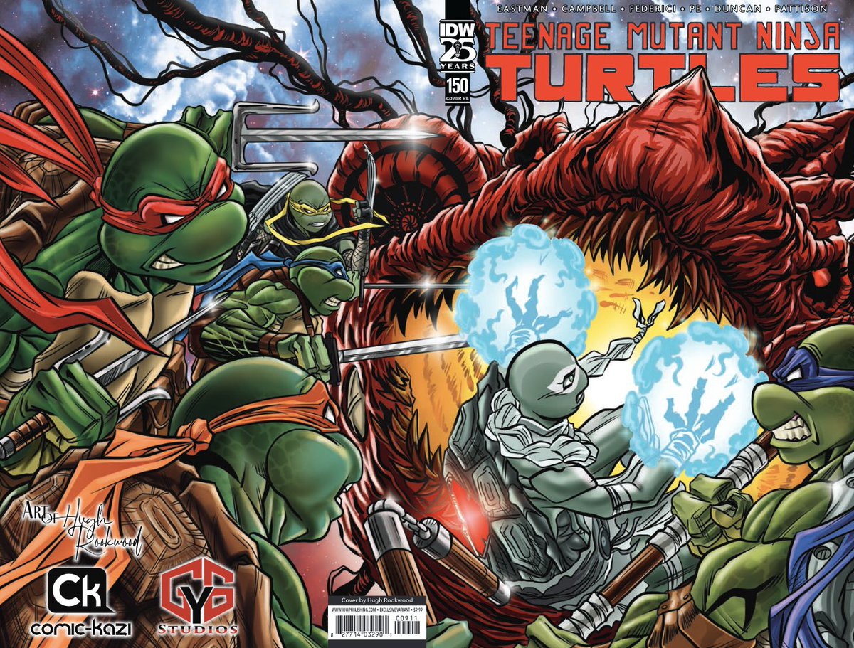 To celebrate #TheRoadto150 run by @mooncalfe1, we're doing a countdown of the RETAILER EXCLUSIVE covers for TMNT #150.

Today, we have a cover from @HughRookwood for @comickazi.calgary & GY6 Studios.

At your LCS on April 24: ow.ly/rxAU50Rfu4T
#TMNT #VariantCover