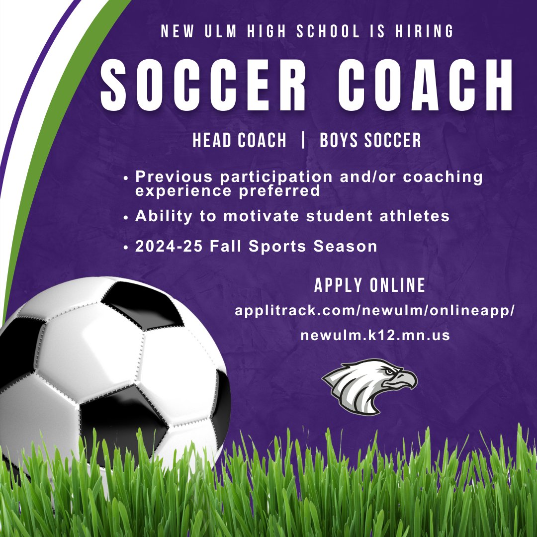 Now Hiring:
High School Head Soccer Coach ⚽️
Check out and apply for our coaching positions here: applitrack.com/newulm/onlinea…