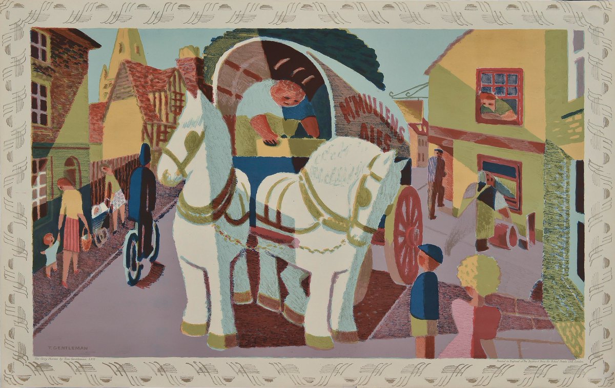 The Grey Horses, by Tom Gentleman, published by School Prints Ltd, 1946. The image depicts a village street scene in Hertford with a horse drawn wagon labelled on the side 'McMullens Ales'. The boy in the foreground is said to be Tom’s son, the future artist David Gentleman