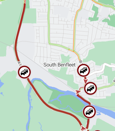 Canvey Island - slow moving traffic on Canvey Way (A130) southbound between Sadlers Farm interchange and Somnes Avenue