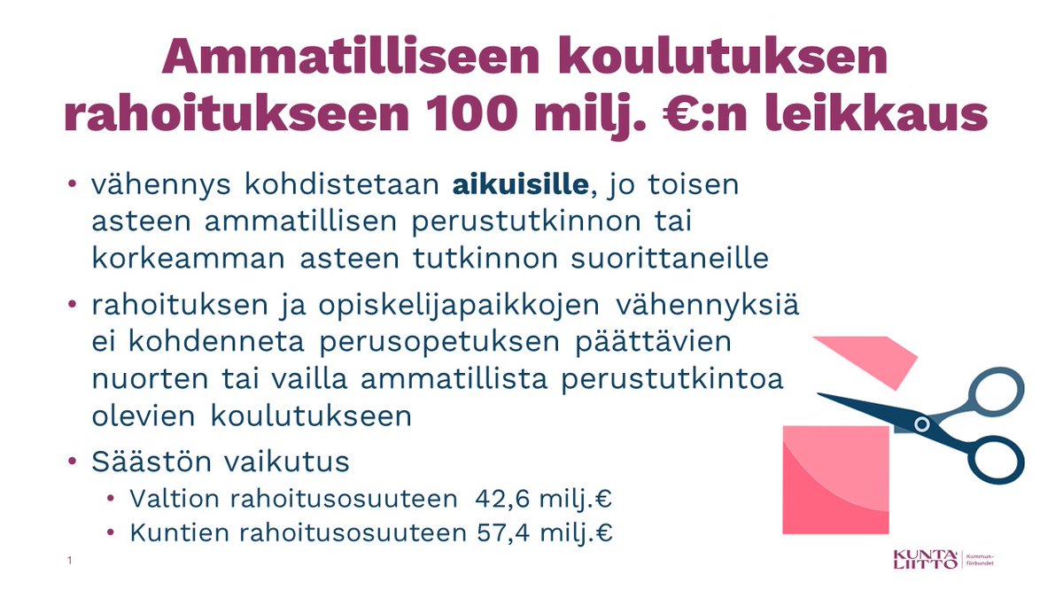 Aikuisten osaamisen kehittämisen ja alan vaihtamisen mahdollisuudet heikkenevät merkittävästi #ammatillinenkoulutus säästöjen myötä.