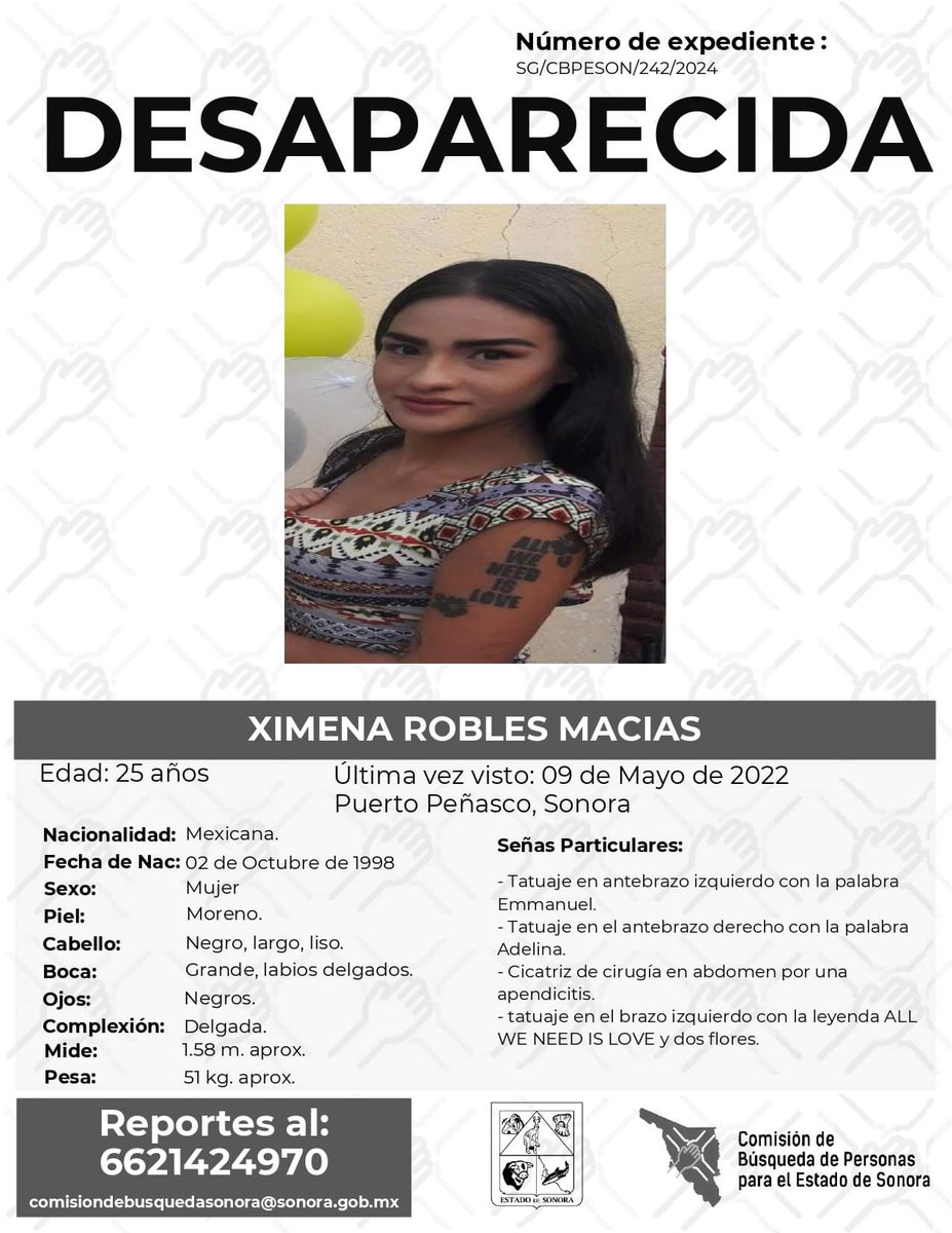 Se solicita ayuda para localizar a Ximena Robles Macías que #DESAPARECIÓ el día 09 de Mayo en #PuertoPeñasco #Sonora

Cualquier información informar a:
☎️ 662 142 4970
 ☎️ 9-1-1