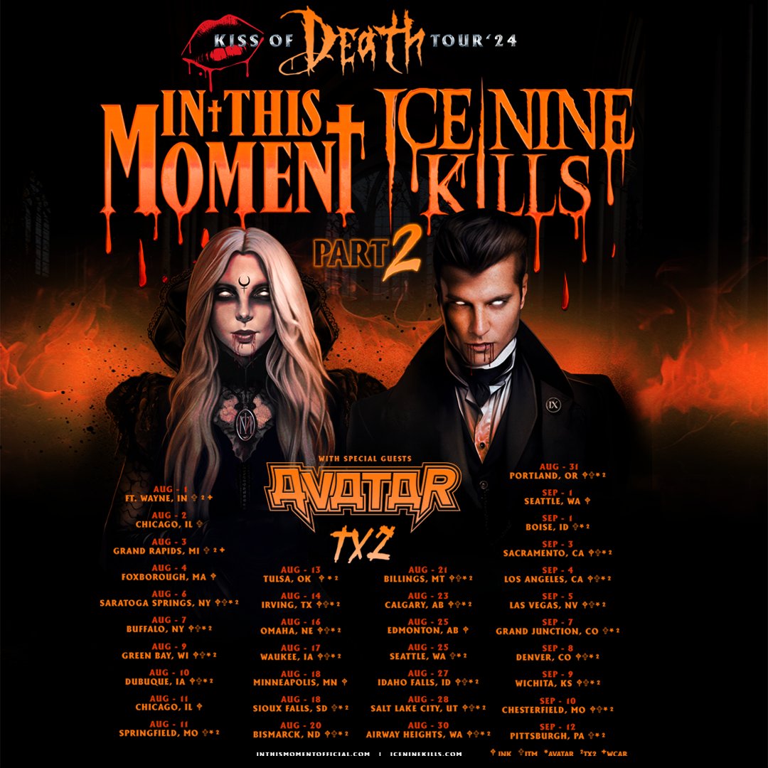 ➕The Kiss Of Death Tour is Back➕ We are excited to be joining forces once again with the one and only @ICENINEKILLS with special guests @AvatarFreakshow & @tx2official. Tickets are available this Friday . If you didn’t catch the first tour now is your chance ➕