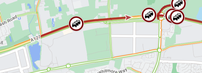 A127 Eastbound - slow moving traffic between Nevendon Interchange (A132) and the Fairglen Interchange (A1245)