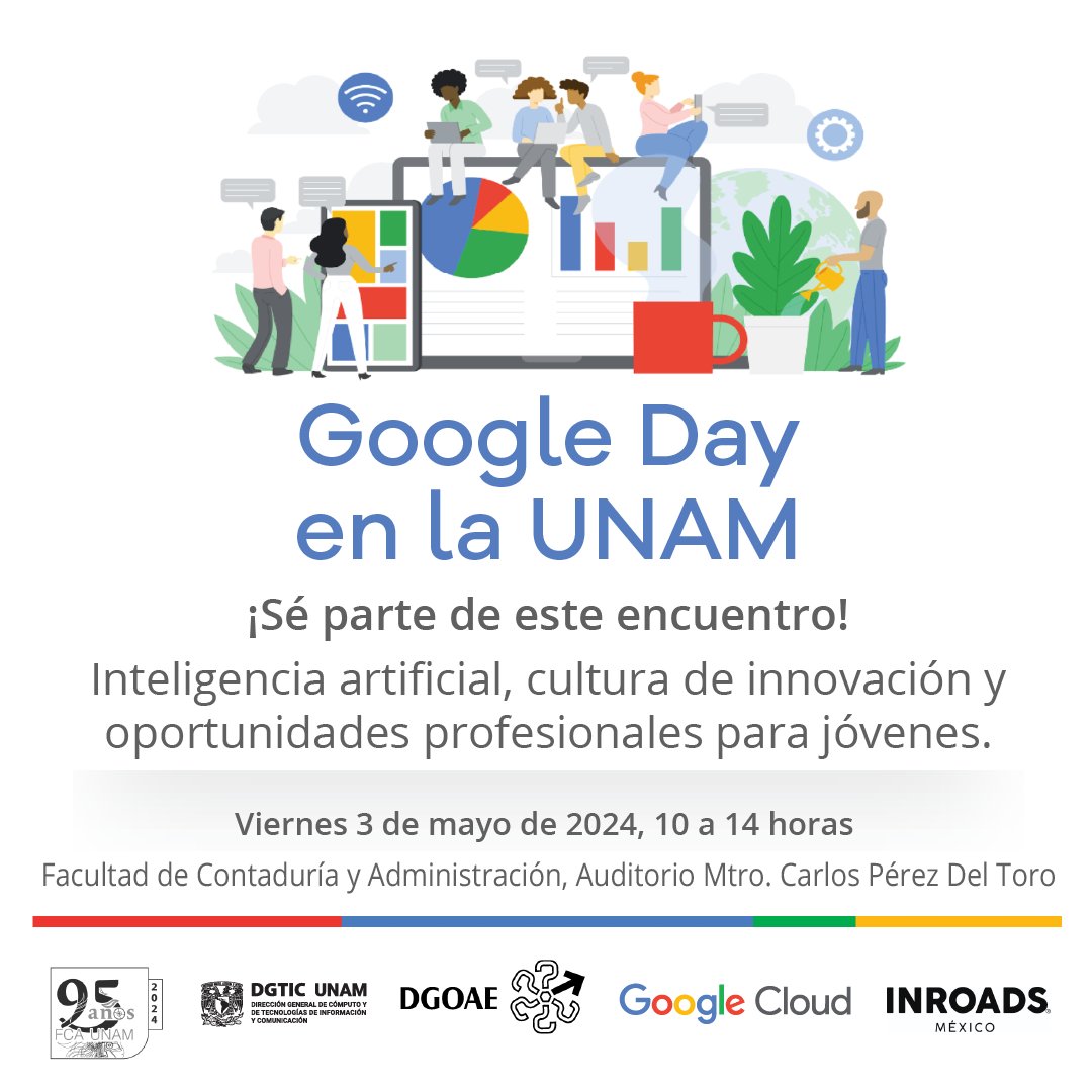 Google Day es un evento organizado por la @UNAM_MX y @Google en el que exploraremos los beneficios de la inteligencia artificial y el uso de la nube. 📅 03 de mayo ✅ @fcaunamoficial