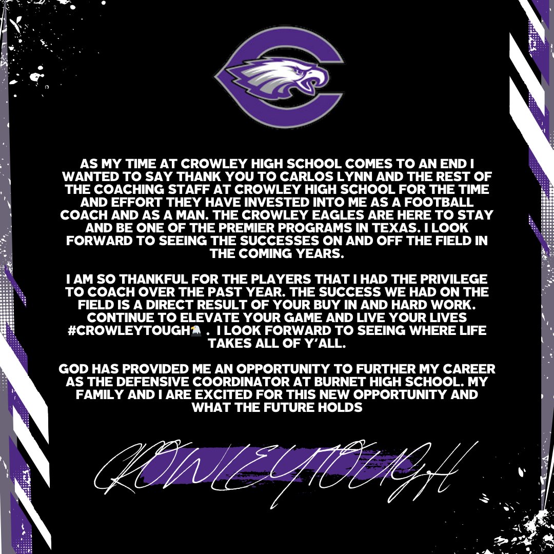CoachJ_BTX's tweet photo. I'm so thankful for my time at Crowley High School working for @CarlosLynn . One of the best staffs and groups of kids in Texas! #CrowleyTough https://t.co/YRvmcvreZO