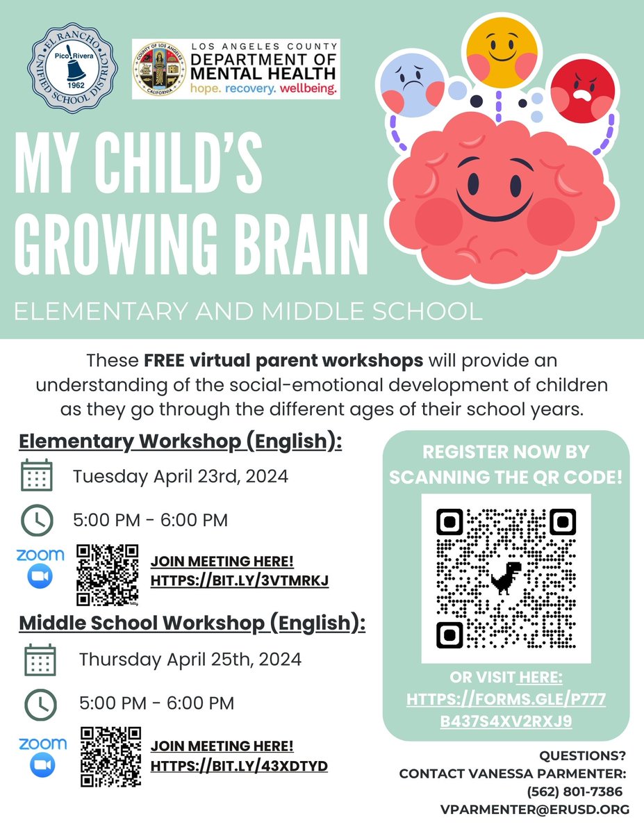 FREE virtual parent workshops!
Social-emotional development of children

For Elementary schools 
Tuesday April 23rd, 2024
5 PM - 6 PM
JOIN MEETING HERE!
BIT.LY/3VTMRKJ

For  Middle schools
Thursday April 25th, 2024
5 PM - 6 PM
JOIN MEETING HERE!
BIT.LY/43XDTYD