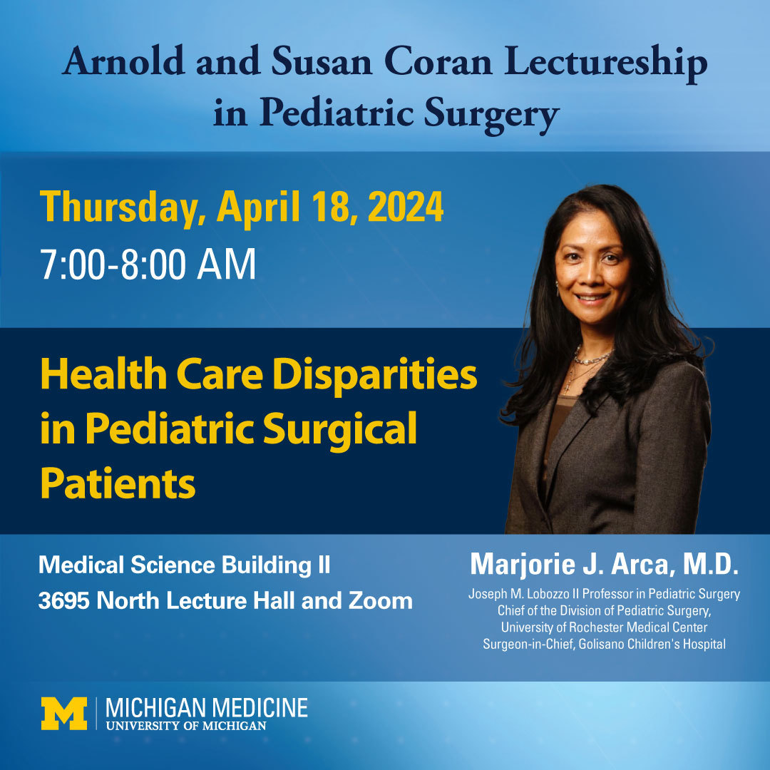 It's our honor to welcome Marjorie J. Arca, MD, (@babesrjn) for a Grand Rounds talk on health care disparities in pediatric surgical patients. Join us this Thursday at 7 a.m., surgery team! ⬇️