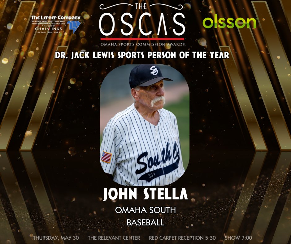 We're proud to honor the Dr. Jack Lewis Sportsperson of the Year, John Stella! Stella will be honored during the OSCAS on May 30th at The Relevant Center. For tickets to the OSCAS:apps.omahasports.org/upcoming-event… @OPS_SHSBASEBALL @WeAreOlsson @LernerCo