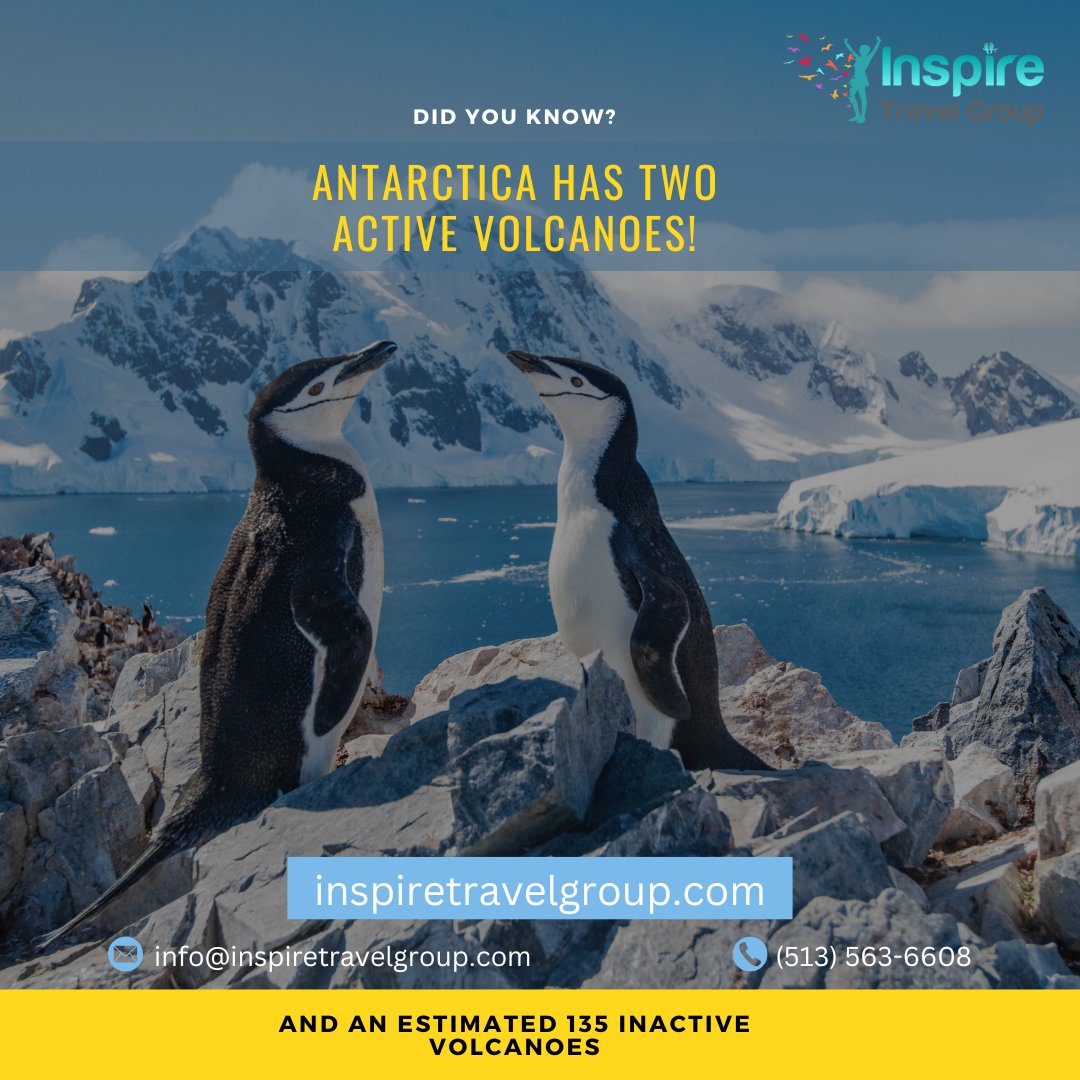 Chilly Peaks & Fiery Secrets of the South! Discover #Antarctica's volcanic wonders amid its icy landscapes with #InspireTravelGroup. Ready for a cool adventure with a hot twist? Contact Us Now! #TravelTrivia 
 #travels #exploremore #luxurytravel #travel #BookNow #ContactUs #Deals