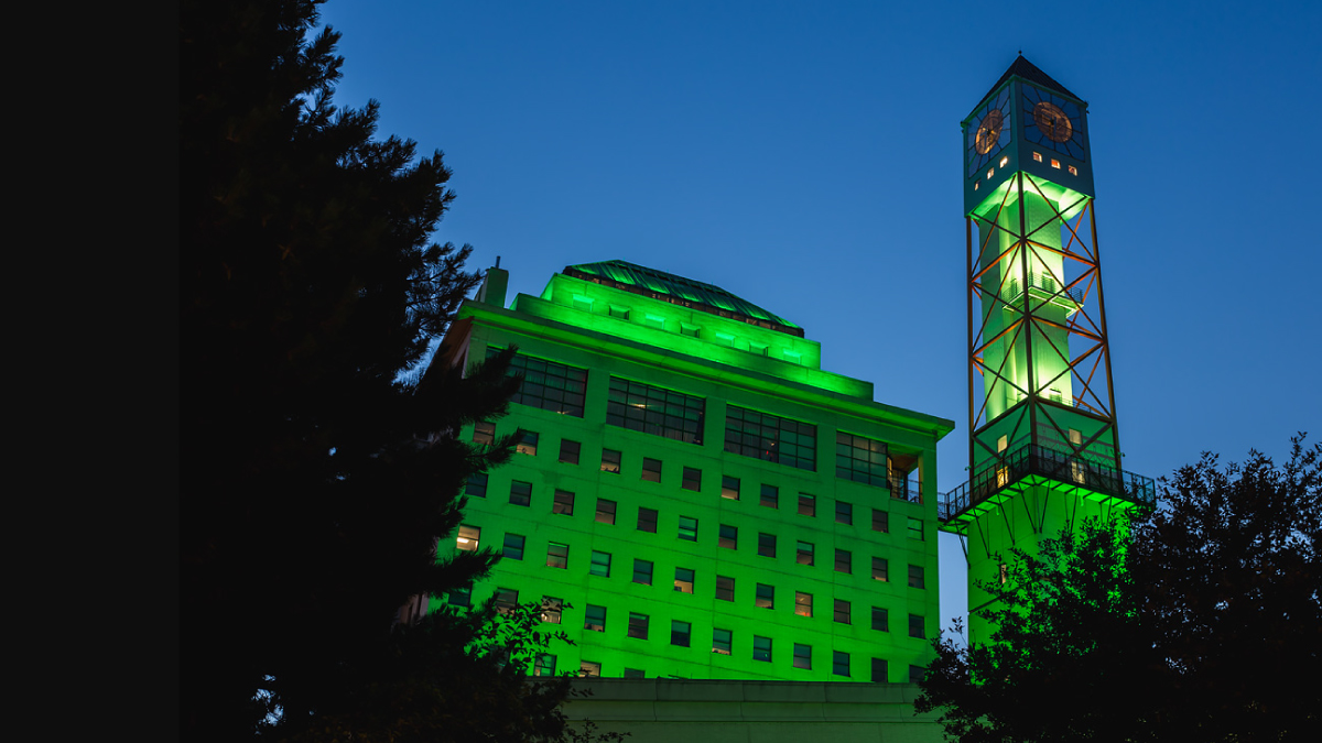 Tonight, we are lighting the #Mississauga Civic Centre clock tower green for National Tourism Week.