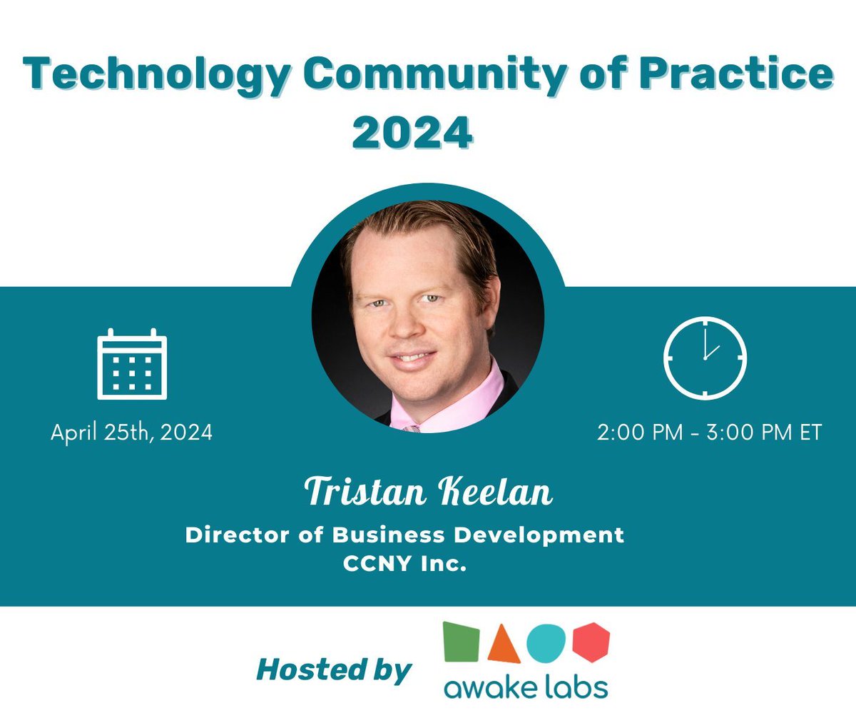 AwakeLabs's tweet photo. Facing trouble with complex healthcare data? 📊 
Join us for the second Technology Community of Practice session on April 25th from 2-3 PM ET featuring Tristan Keelan, Director of Business Development at CCNY Inc.! 🌟 https://t.co/e7EjXpPoWT