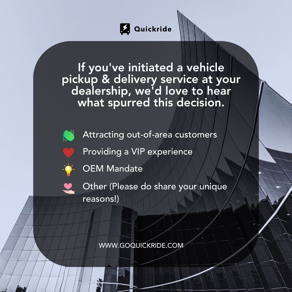 go_quickride's tweet image. 🚗💨 #Quickreaction: Launched a pickup &amp;amp; delivery service at your dealership? Was it the quest for supreme customer service, operational agility or staying ahead in the race?

Let's get into the gears of decision-making!

Your move speaks volumes! Share what sparked this change.