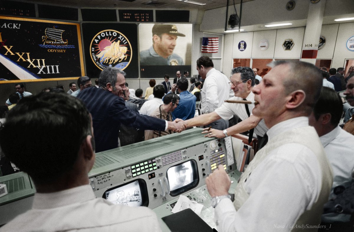 #OTD in 1970, Apollo 13 splashed down on Earth - to the relief of not only those closely involved, but to the world. Their return is still one of the UK's most watched TV broadcasts in history. I've 'hand' colourised this famous B&W shot of the celebrations in Mission Control: