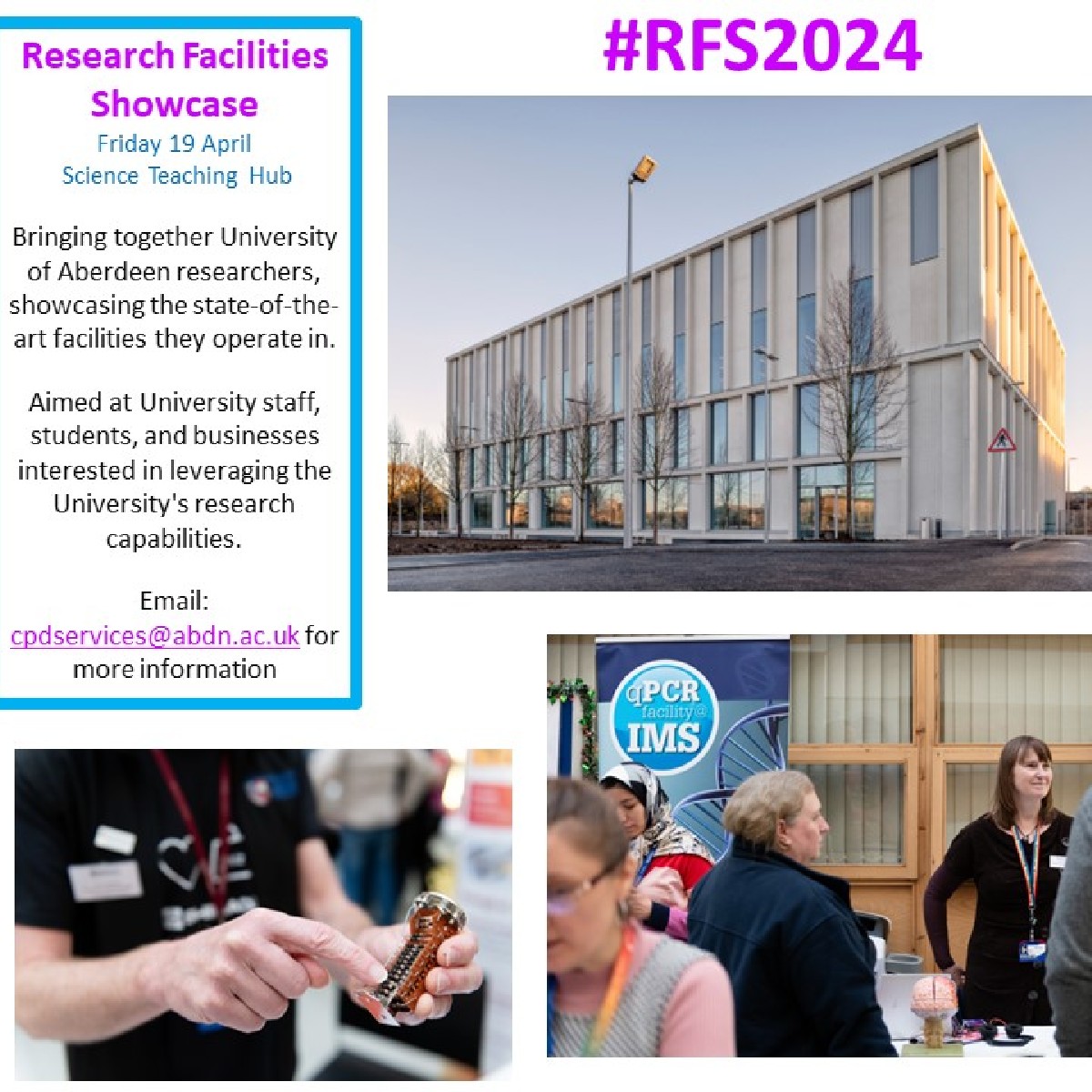 Interested in finding out about the facilities across the @Aberdeenuni including Rowett's capacity? Come along to the Research Facilities Showcase in the Science Teaching Hub pictured between 10am and 12.30pm to learn more!