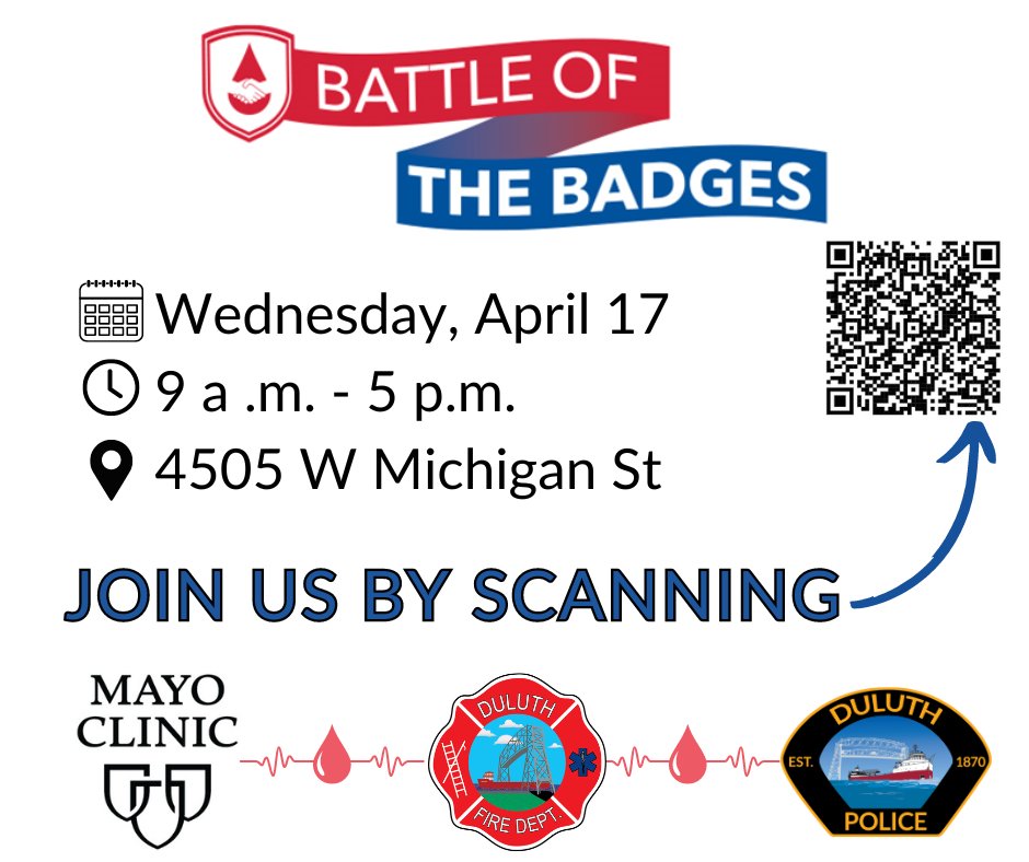 We can’t wait to see you tomorrow at the first annual Battle of Badges Blood Drive! If you haven’t signed up for a donation time, you can still do so at the link below, or you can walk in and donate towards either Team Police, Team Fire, or Team Mayo. mbcherohub.club/donor/schedule…