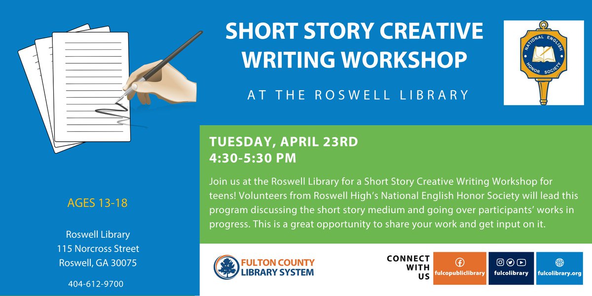 Join our Short Story Writing Workshop for teens at Roswell Library. Get feedback on your work from Roswell High's National English Honor Society volunteers. Don't miss this chance to improve your writing! #FulcoLibrary #FulcoReads #ShortStory #CreativeWriting #WritingWorkshop