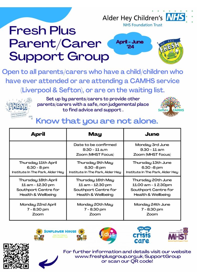 Fresh Plus Parent/Carer Support Group is running various events from April to June. All sessions are drop in and open to everyone who has had or has a child assessing a CAMHS service or is on a waiting list @CamhsSefton @LivCAMHSFYI