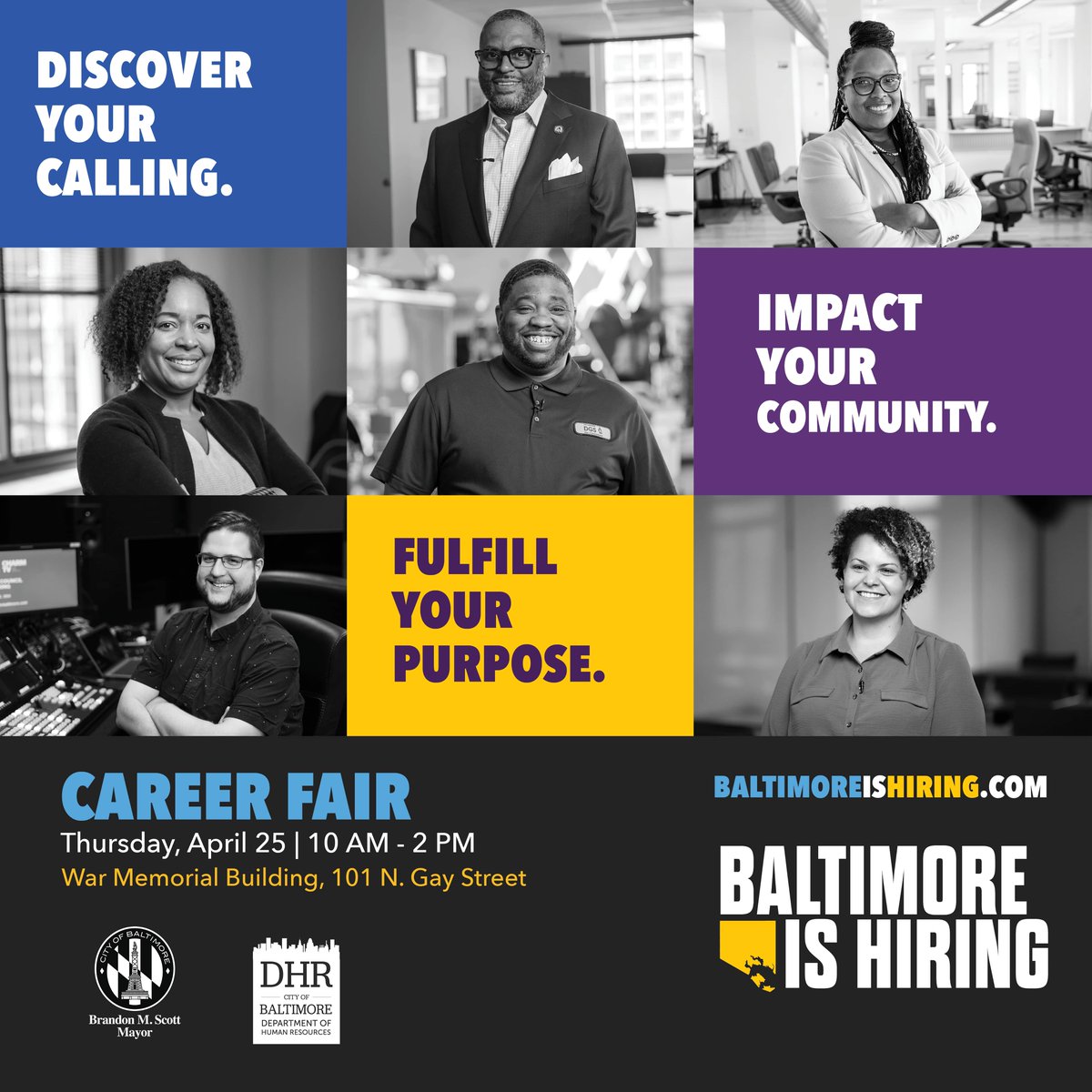 Come meet us next week to learn more about the Department of General Services and current employment opportunities with our agency. Thursday, April 25th, from 10 AM - 2 PM @ the War Memorial (101 N. Gay St.) Head to baltimoreishiring.com to learn more! #BaltimoreIsHiring