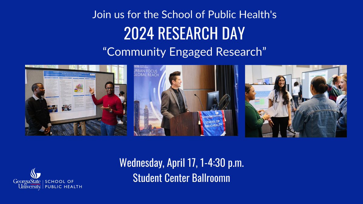 Get ready for an exciting Public Health Research Day tomorrow! Join us for a special grand rounds lecture by Tabia Henry Akintobi and check out some amazing posters from our talented SPH students. Register now! Register here: t.gsu.edu/3VHAV0u