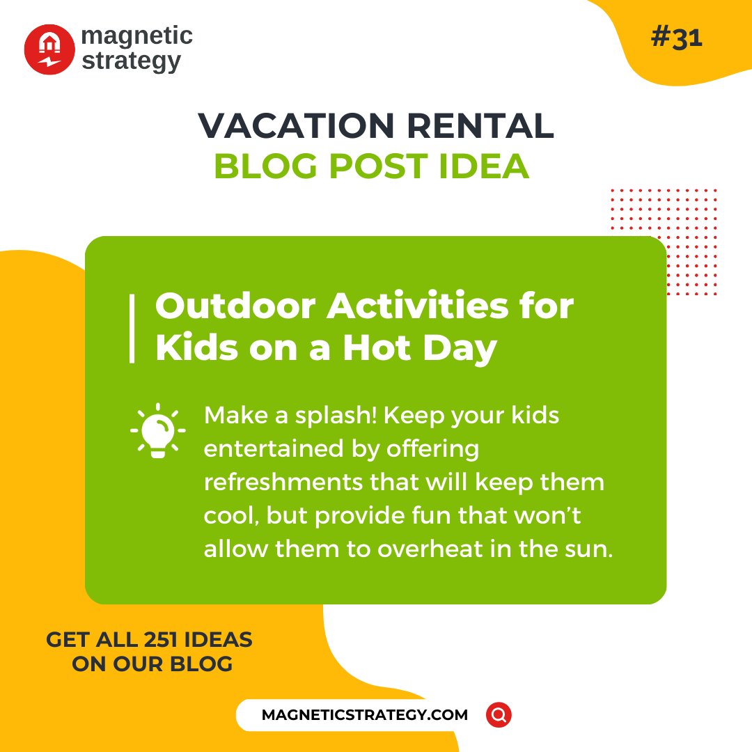 Make a splash! Keep your kids entertained by offering refreshments that will keep them cool, but provide fun that won't allow them to overheat.  

#vacationrentals #vacationrentalmanagers #vrm #shorttermrentals #propertymanagers #propertymanagement #blogging #contentideas