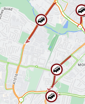 Chelmsford, Westway (A1016) – Slow moving traffic between Robjohns Road and Writtle Road