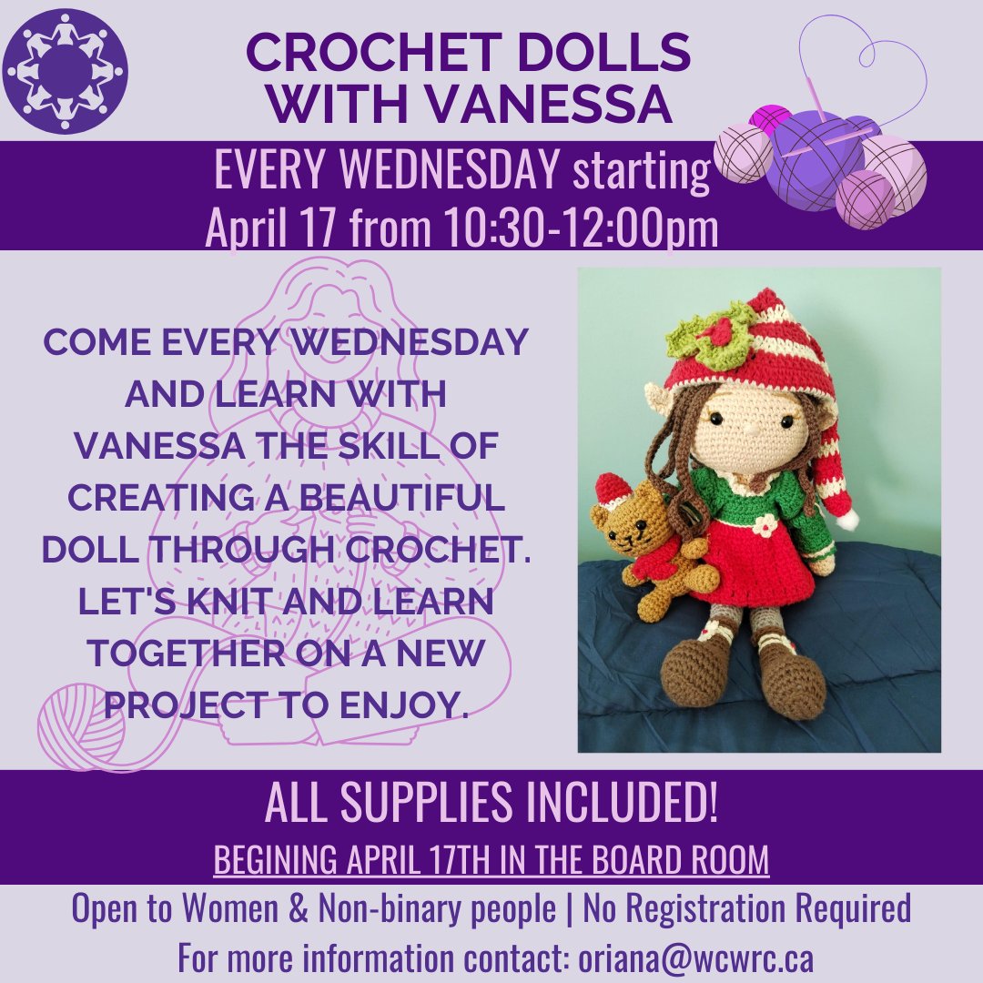 Doll-Making with Vanessa Join us on Wednesdays in April to make a crochet doll with Vanessa. This program begins on April 17th and runs from 1030am to noon. All supplies are included and no registration is required. This program is open to women and nonbinary folks.