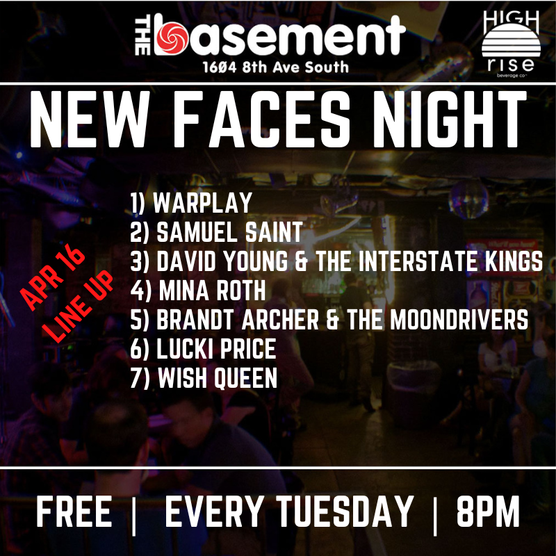 TONIGHT! This week's New Faces Night is stacked. 👇Check out this lineup. Music starts at 8! 1) Warplay 2) Samuel Saint 3) David Young & The Interstate Kings 4) Mina Roth 5) Brandt Archer & The Moondrivers 6) Lucki Price 7) Wish Queen #freelivemusic