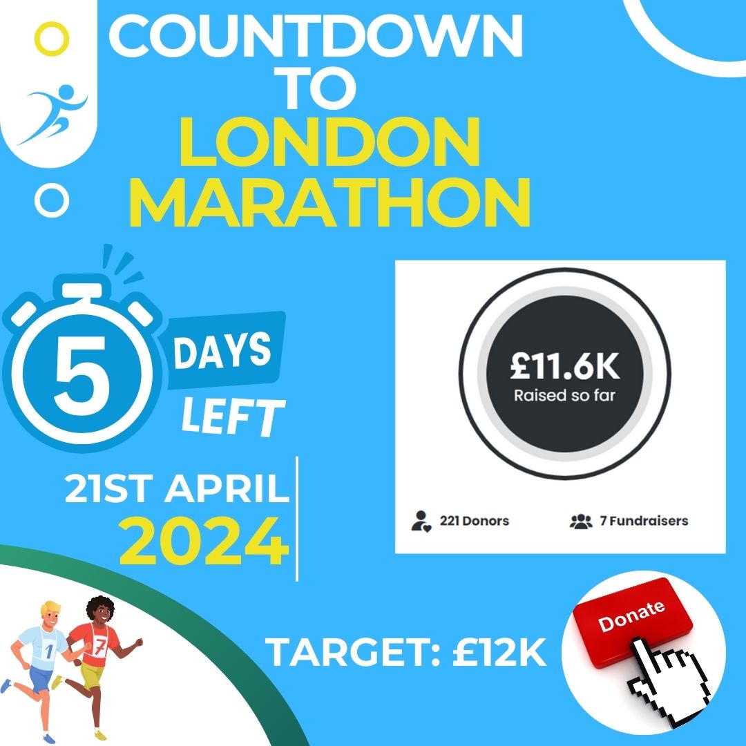 We have 5 days left to #londonmarathon 2024 on 21st April. We have raised £11.6k and are close to our target of £12k. Please donate to the link below and support our runners. 🔥
#countdown #target #fundrasing #marathon 

2024tcslondonmarathon.enthuse.com/mosaicclubhous…