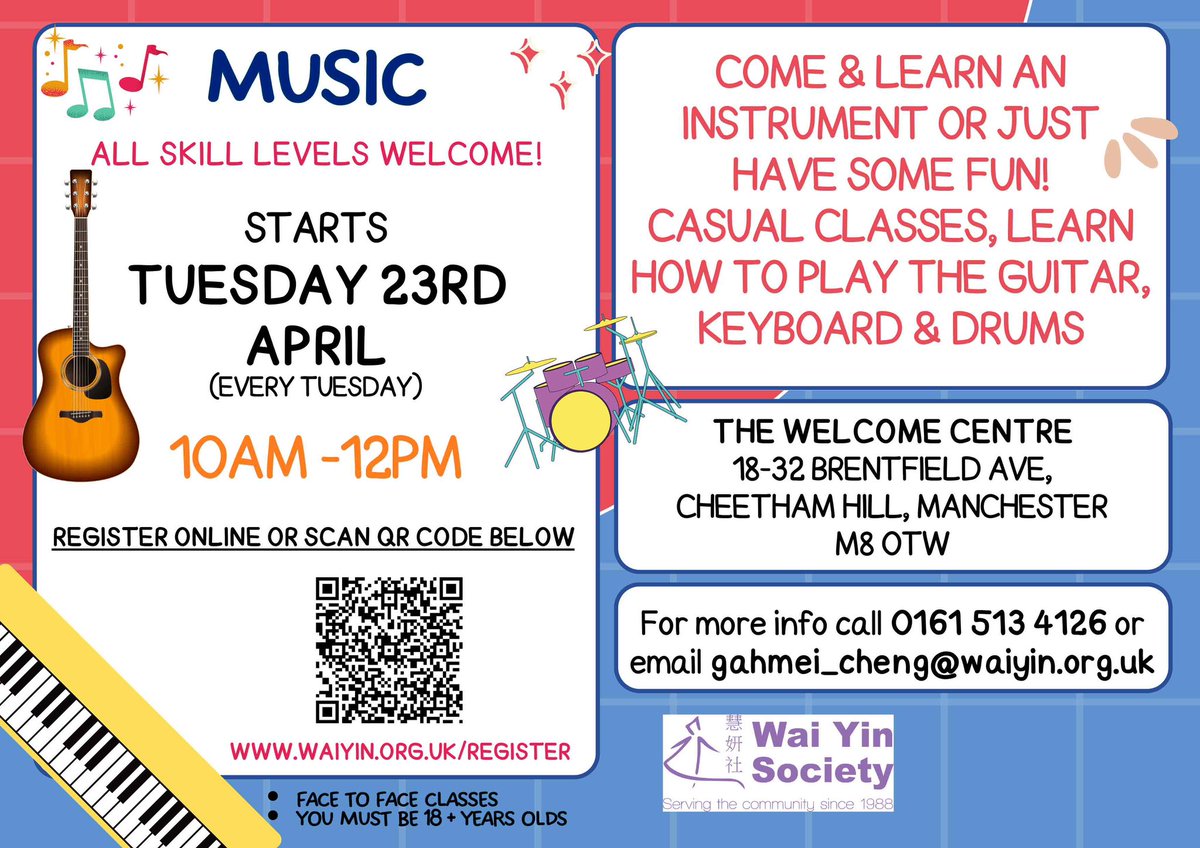 waiyin_wc's tweet image. Discover the joy of music! 🎶 Whether you're a beginner or looking to refine your skills, join our music class and unlock your potential. Check out the poster for more details. #musicclass #Manchester #cheethamhill