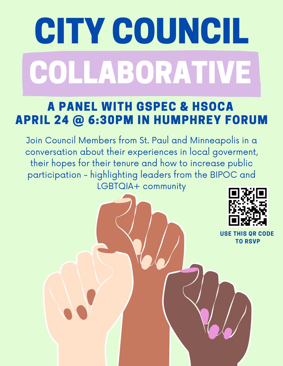 Amazing opportunity to hear from members of the Minneapolis and St. Paul City Council! Hosted by our student group GSPEC, in collaboration with HSOCA @HHHSchool RSVP: z.umn.edu/9dtv