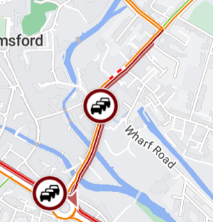 Chelmsford - slow moving traffic on Springfield Road between Victoria Road and High Bridge Road