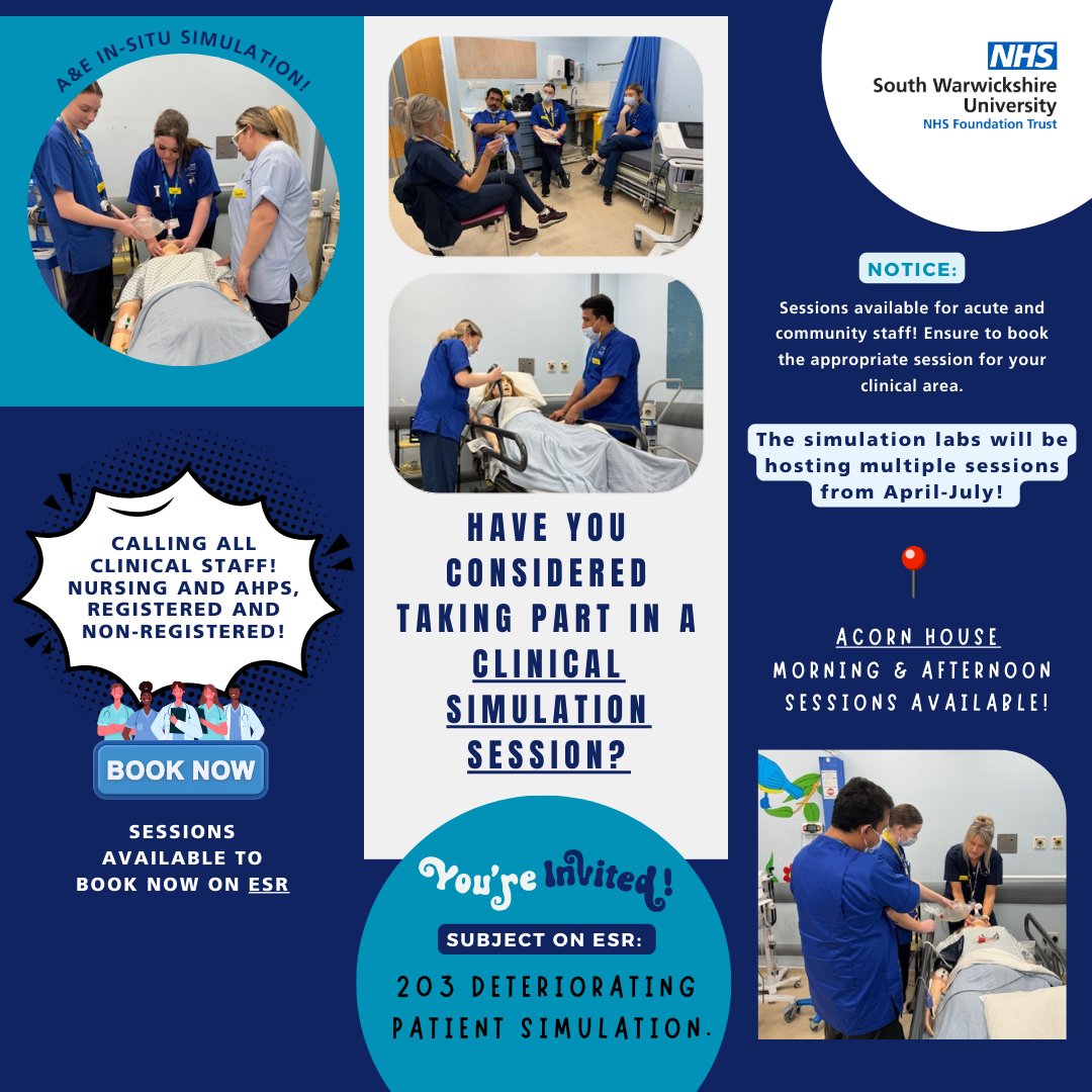 🚨 Attention SWFT clinical staff📍 Nursing/AHP staff can take advantage of sessions run by the experienced simulation team! Simulation provides a safe, confidential learning environment for staff, and can improve practice and patient safety greatly😍 #simulation #NHS #nhsnurse