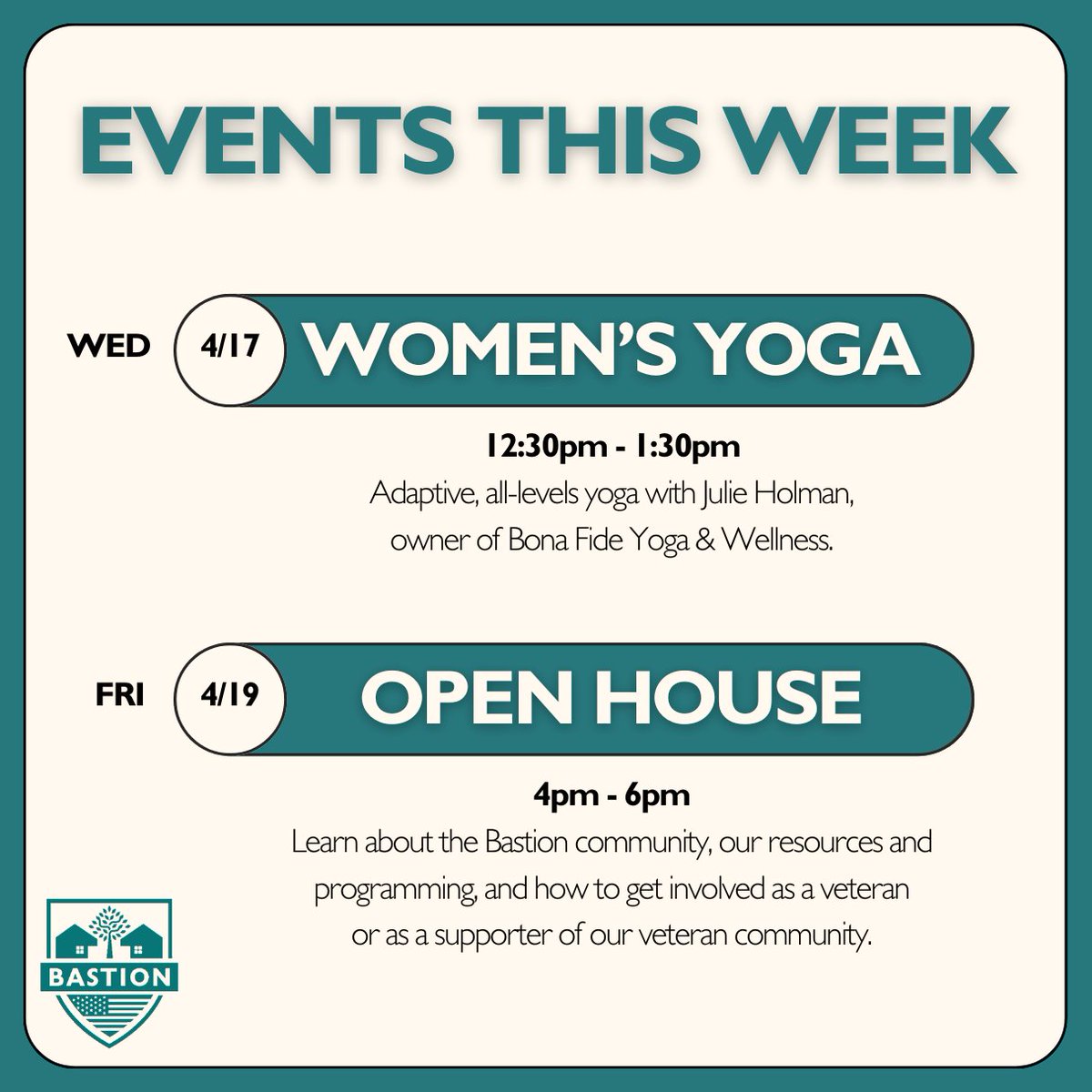 Check out these free events happening at Bastion this week, including an adaptive women's yoga class and Bastion's first monthly open house! #neworleans #free #veterans #community #yoga #openhouse